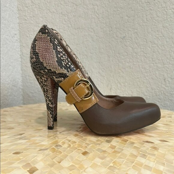 Lucho Brown and Tan Heels with Snake Print size 9 - Picture 1 of 5